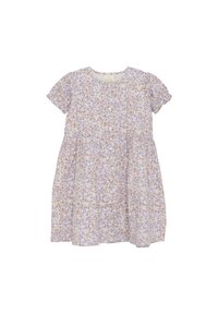 Kleid mit Blumenmuster, das kurze Ärmel, einen runden Halsausschnitt und einen gerafften Rock aufweist. Der Stoff ist leicht und in einer Pastellfarbpalette aus Lila und Creme gehalten.