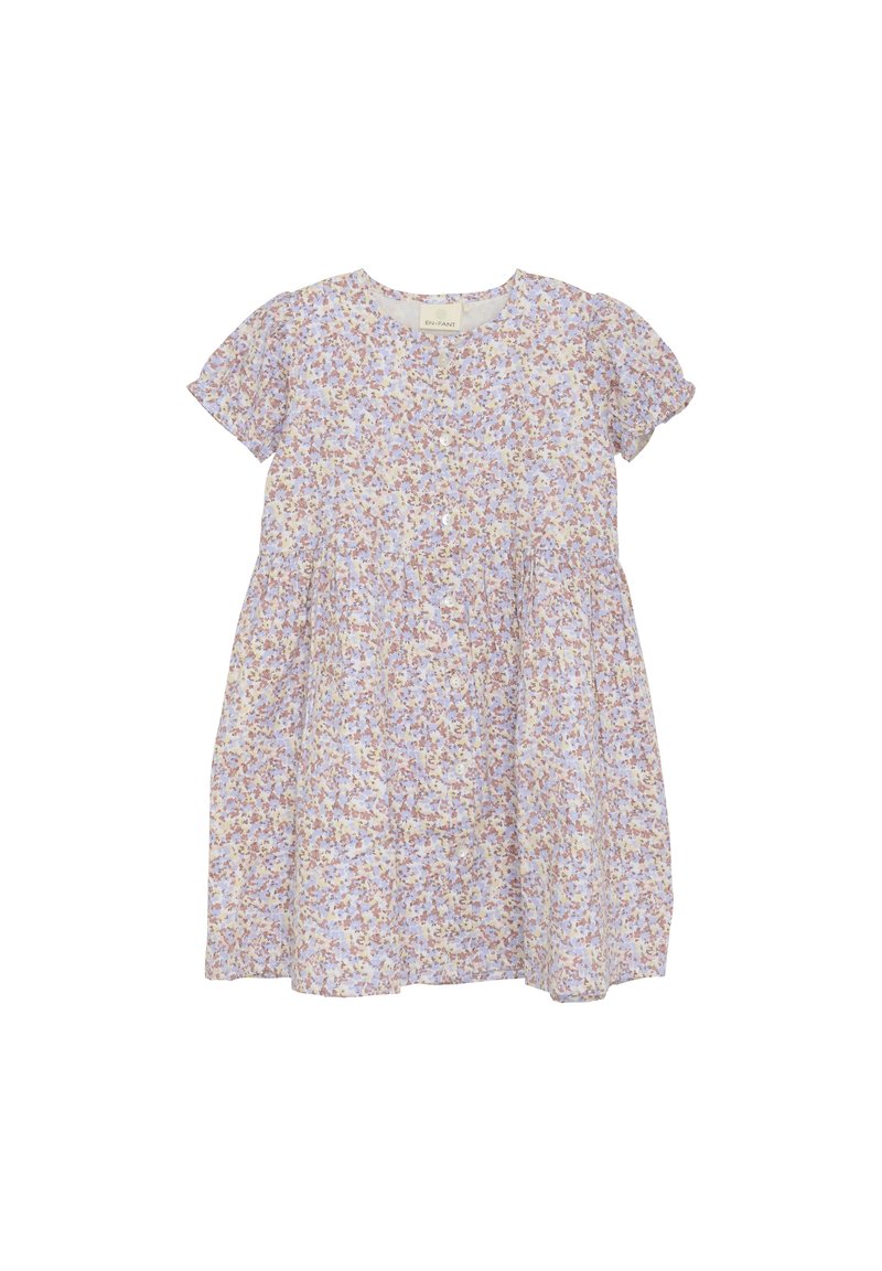 Kleid mit Blumenmuster, das kurze Ärmel, einen runden Halsausschnitt und einen gerafften Rock aufweist. Der Stoff ist leicht und in einer Pastellfarbpalette aus Lila und Creme gehalten.