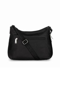 Borsa a spalla in nylon nero con forma curvata, tasca frontale con zip, tracolla regolabile e dettagli del logo discreti sulla tracolla.