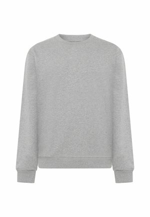 Lysegrå crewneck sweatshirt med lange ærmer og ribstrikkede manchetter og kant, vist på en hvid baggrund.