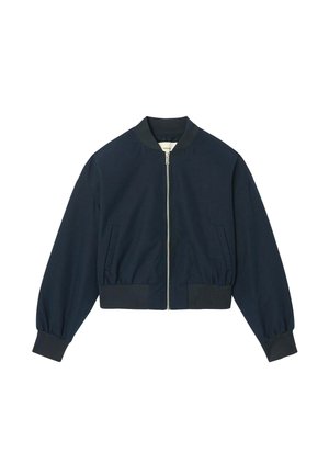 Veste bomber bleu marine avec fermeture éclair frontale, col, poignets et ourlet côtelés, avec deux poches latérales.