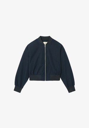 Veste bomber bleu marine avec fermeture éclair frontale, col, poignets et ourlet côtelés, avec deux poches latérales.