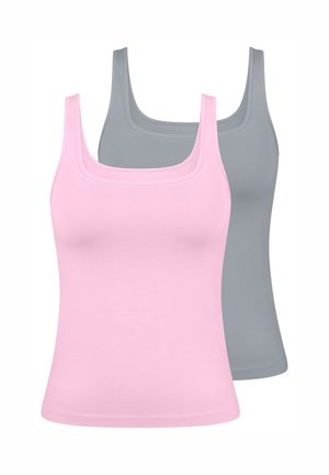 Dwa bezrękawniki, jeden jasnoróżowy z przodu, drugi szary z tyłu, oba z kwadratowymi dekoltami.