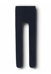 Collants bleu marine foncé avec une texture côtelée, présentant un design de corps sans couture et des jambes longues et droites. Matériau en tricot doux.
