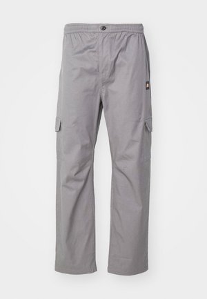 Grå cargo-bukser med elastisk liv, knappelukking, to sidelommer og en liten logotagg på venstre side. Myk stoff og rett passform.
