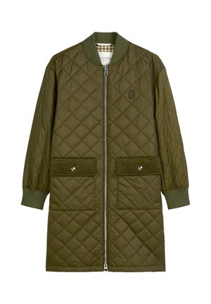 Long olive green quilted coat with front zipper, ribbed collar and cuffs, two flap pockets with buttons, and subtle chest logo.
