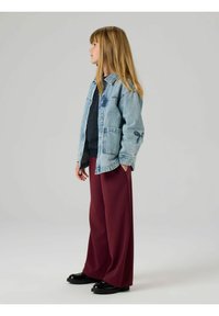 Vieglā zilā krāsā džinsa jaka ar divām priekšējām kabatām, kombinēta ar platām bordo biksēm un melnām spīdīgām kurpēm. Minimālistisks dizains, stāvoša poza.