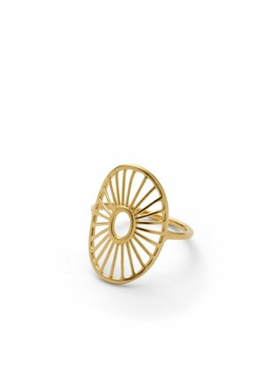 Gold metal ring with openwork oval sunburst design featuring radiating spokes and a hollow center on a white background.
