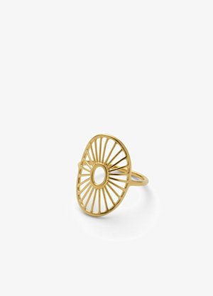 Gold metal ring with openwork oval sunburst design featuring radiating spokes and a hollow center on a white background.