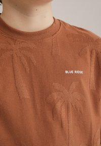 Brun bomull T-shirt med texturerade palmträdsmotiv och en vit "BLUE RIDGE"-logotyp på framsidan. Klassisk crewneck-form.