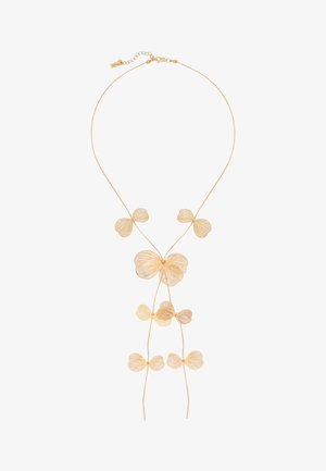 Delicate gold necklace featuring multiple butterfly-shaped wireframe charms arranged along thin chains.