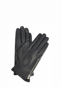 Czarne rękawiczki skórzane o gładkiej fakturze, wyposażone w boczny zamek błyskawiczny do zapinania oraz pięć przegródek na palce dla dopasowania i funkcjonalności.