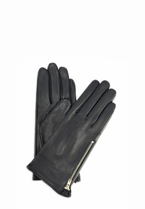 Czarne rękawiczki skórzane o gładkiej fakturze, wyposażone w boczny zamek błyskawiczny do zapinania oraz pięć przegródek na palce dla dopasowania i funkcjonalności.