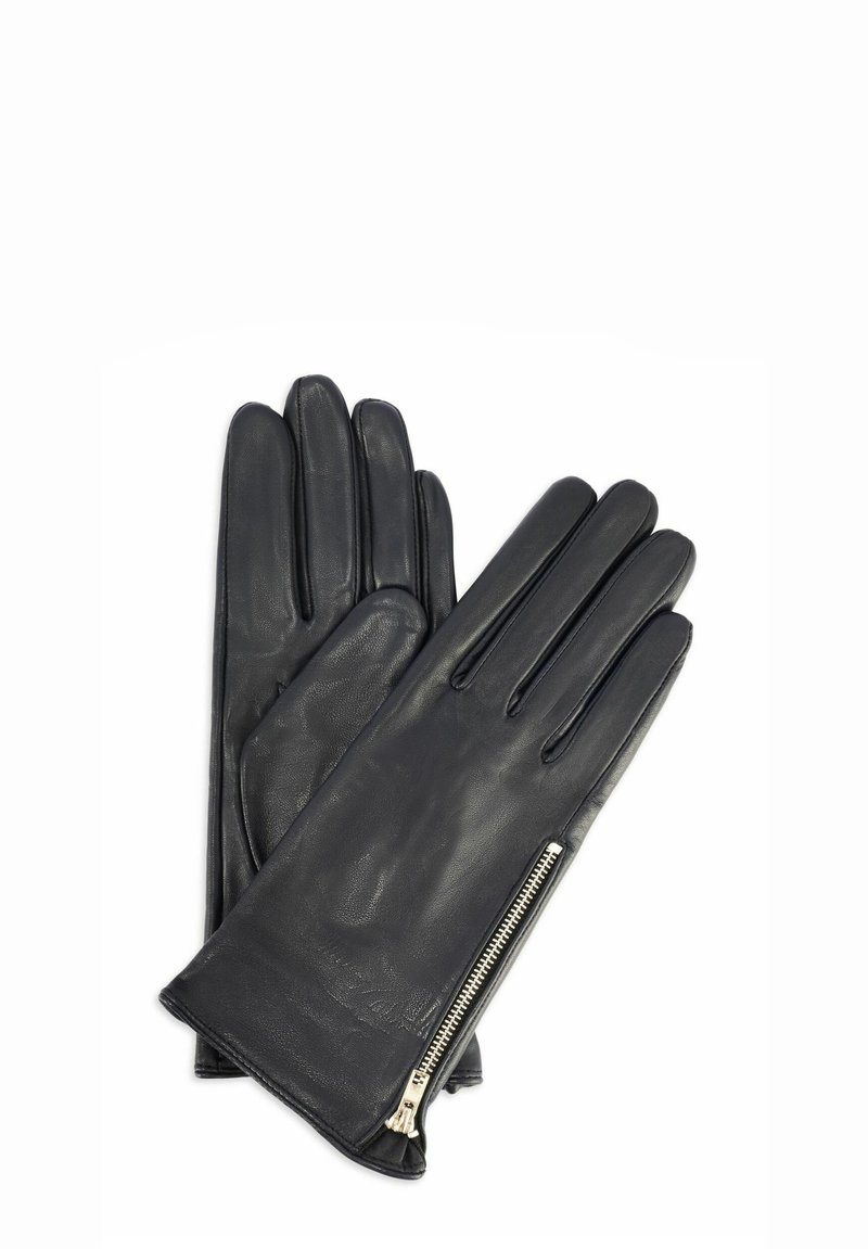 Czarne rękawiczki skórzane o gładkiej fakturze, wyposażone w boczny zamek błyskawiczny do zapinania oraz pięć przegródek na palce dla dopasowania i funkcjonalności.