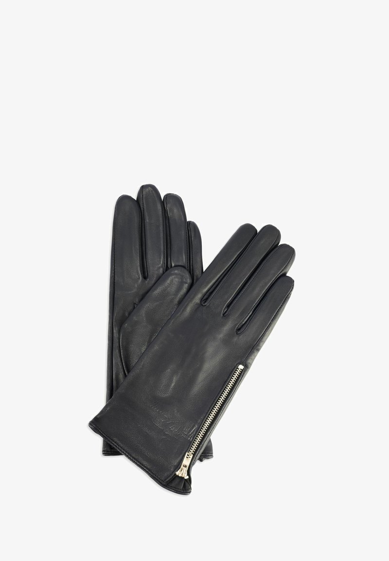 Czarne rękawiczki skórzane o gładkiej fakturze, wyposażone w boczny zamek błyskawiczny do zapinania oraz pięć przegródek na palce dla dopasowania i funkcjonalności.