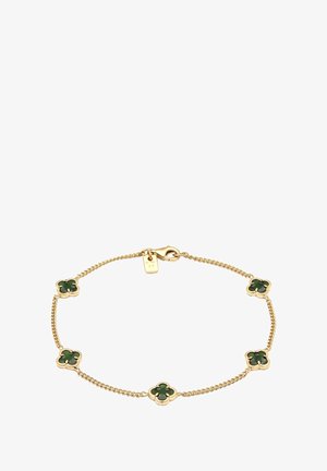 Gouden armband met een kettingontwerp dat vier groene bloemaccenten en een sluiting bevat. Glad oppervlak met een gepolijste afwerking.