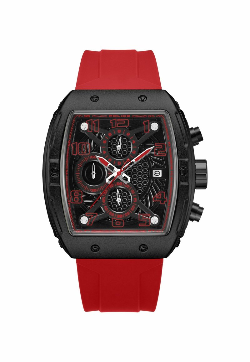 Juodas stačiakampis laikrodis su raudonais akcentais, guminiu dirželiu, skeletiniu ciferblatu ir subciferblatais. Su drąsiais valandų žymekliais ir chronografo mygtukais.