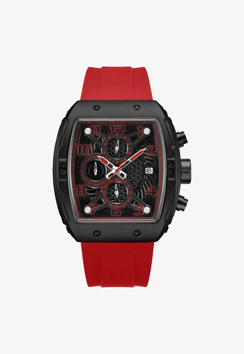 Juodas stačiakampis laikrodis su raudonais akcentais, guminiu dirželiu, skeletiniu ciferblatu ir subciferblatais. Su drąsiais valandų žymekliais ir chronografo mygtukais.