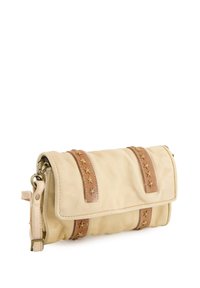 Creme læder clutch med brune accentstropper og guldstjerner. Rektangulær form, fold-over flap og aftagelig håndledsrem.