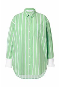Camicia verde chiaro con righe bianche verticali, chiusura frontale a bottoni e taschino sul petto. Presenta maniche lunghe con polsini bianchi e un orlo curvo.