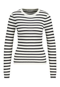Striped sweater in ribbed knit, featuring black horizontal stripes on a white base. Round neckline and long sleeves.