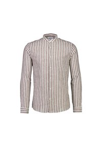 Camisa de rayas marrón y blanca en tela ligera, con cuello camisero, mangas largas y un bolsillo en el pecho.