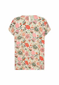 Bluse mit floralem Muster, kurzen Ärmeln, rundem Ausschnitt und Knopfverschluss auf der Rückseite. Die Farben umfassen Pink, Rot, Grün und Creme.