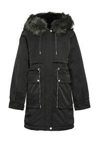Schwarze Parkajacke mit einer Kapuze aus Kunstfell, Kordelzügen, einem Reißverschluss vorne und zwei großen Fronttaschen. Glatte Textur und mittellanges Design.