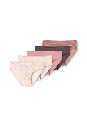 Fünf Paare Damen-Hipster-Unterwäsche in Rosa- und Mauve-Tönen, darunter Blumenmuster und gestreifte Designs, in versetzter Reihe angeordnet.