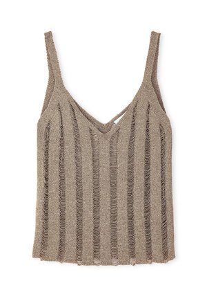 Top de punto color bronce con escote en V, tirantes finos, tejido abierto con rayas verticales y dobladillo sin acabar.