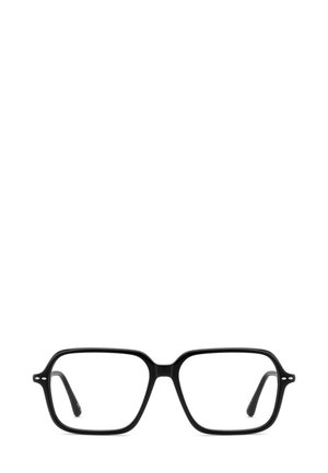 Occhiali rettangolari neri con montature spesse in plastica, caratterizzati da un ponte leggermente curvo e aste dritte. Lenti trasparenti senza decorazioni.