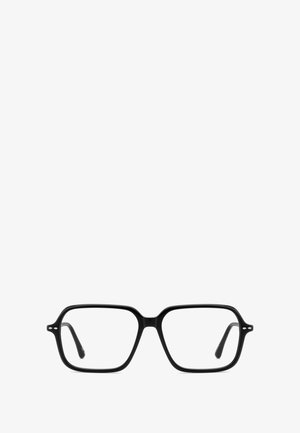 Occhiali rettangolari neri con montature spesse in plastica, caratterizzati da un ponte leggermente curvo e aste dritte. Lenti trasparenti senza decorazioni.