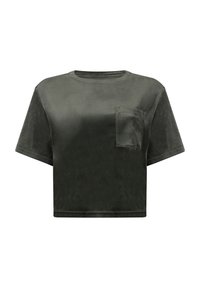 T-shirt in velluto grigio scuro, corto, con maniche corte e una piccola tasca sul petto lato sinistro.