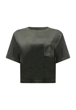 Dark gray velvet cropped T-shirt with short sleeves and a small chest pocket on the left side.
