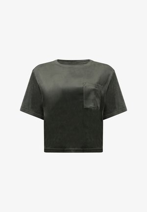 Donkergrijze fluwelen cropped T-shirt met korte mouwen en een klein borstzakje aan de linkerkant.