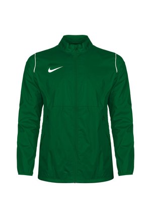 Ciemnozielona sportowa kurtka na zamek z wysokim kołnierzem i białym logo Nike na prawym biuście, z subtelnym białym przeszyciem na ramionach.