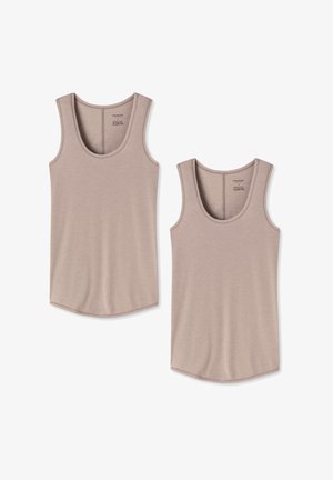 Två elfenbensfärgade linnen med rundad halsringning, ärmlös design, mjuk textur och en lätt böjd nederkant.