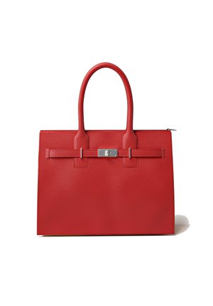 Rote Ledertasche mit strukturierter Oberfläche, ausgestattet mit zwei Griffen und einem silbernen Hardware-Akzent am vorderen Verschluss.