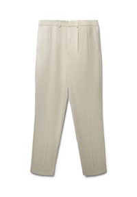 Pantalons beiges plissés avec une coupe droite, en tissu lisse, dotés d'une fermeture éclair et de passants de ceinture, avec un ourlet propre.