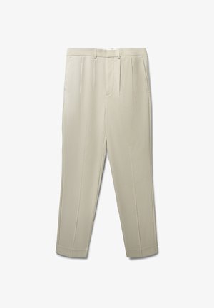 Pantaloni beige a pieghe con design a gamba dritta, realizzati in tessuto morbido, dotati di zip e passanti per cintura, rifiniti con un orlo pulito.