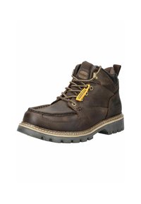 Botas de tobillo de cuero marrón con punta redonda, costuras en contraste y suela de goma duradera. Presenta ojales de metal y una etiqueta de marca.