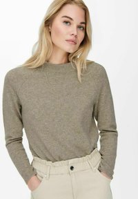 Maglione marrone chiaro con colletto a giro e maniche raglan, realizzato in un materiale morbido. Abbinato a pantaloni color crema a vita alta.