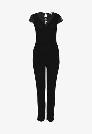 Sort ærmeløs jumpsuit med blonder i cap-sleeves og dyb V-udskæring med blondedetaljer.