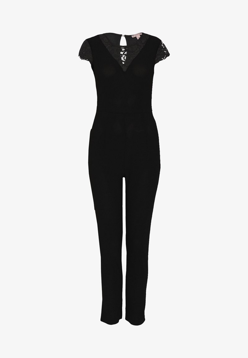 Combinaison sans manches noire avec des manches capes en dentelle et un décolleté en V profond avec des détails en dentelle.