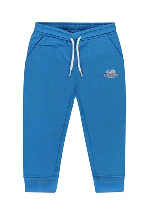 Blauwe katoenen sweatpants met een trekkoord in de taille, twee zijzakken, geribbelde manchetten en een klein geborduurd ontwerp op de linker dij.