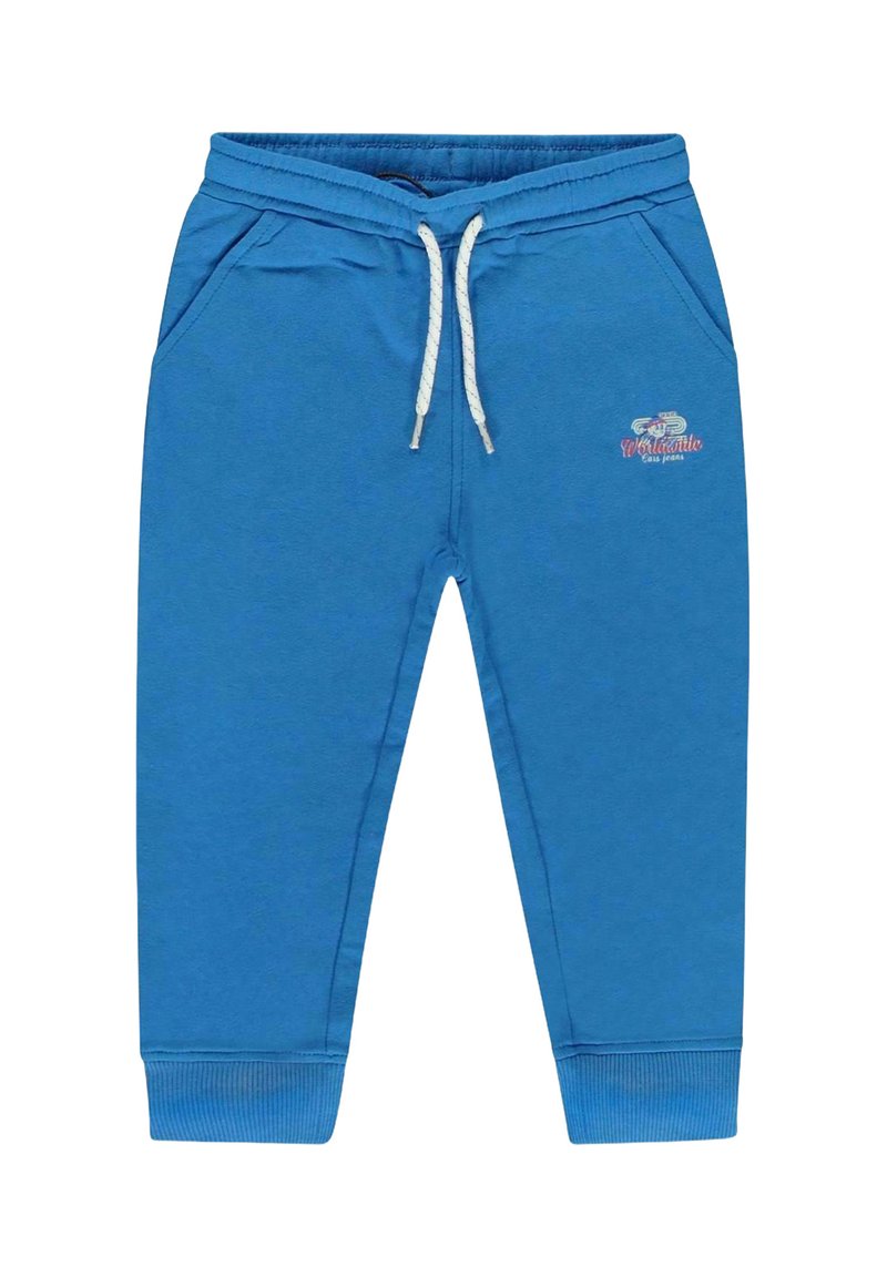 Blauwe katoenen sweatpants met een trekkoord in de taille, twee zijzakken, geribbelde manchetten en een klein geborduurd ontwerp op de linker dij.
