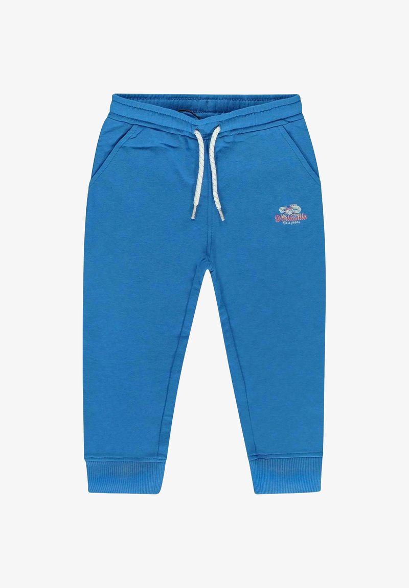 Blauwe katoenen sweatpants met een trekkoord in de taille, twee zijzakken, geribbelde manchetten en een klein geborduurd ontwerp op de linker dij.