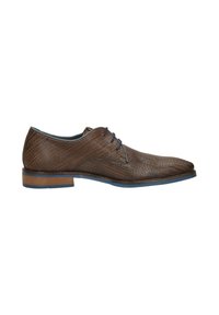 Bruine leren veterschoen met een gestructureerde afwerking, spitse neus en blauwe accenten op de zool. Heeft smalle oogjes voor de veters.