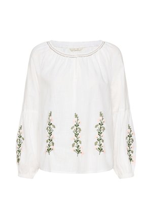 White linen blouse featuring long sleeves, a gathered neckline, and vertical floral embroidery in green and pink along the front and sleeves.