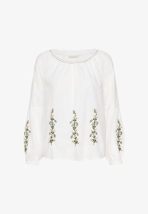 White linen blouse featuring long sleeves, a gathered neckline, and vertical floral embroidery in green and pink along the front and sleeves.